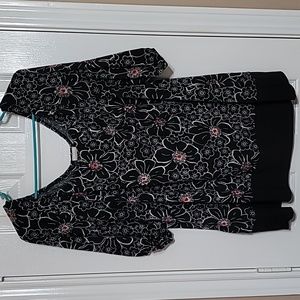 Venezia Black Floral Scoop Neck Blouse with Pink Centers